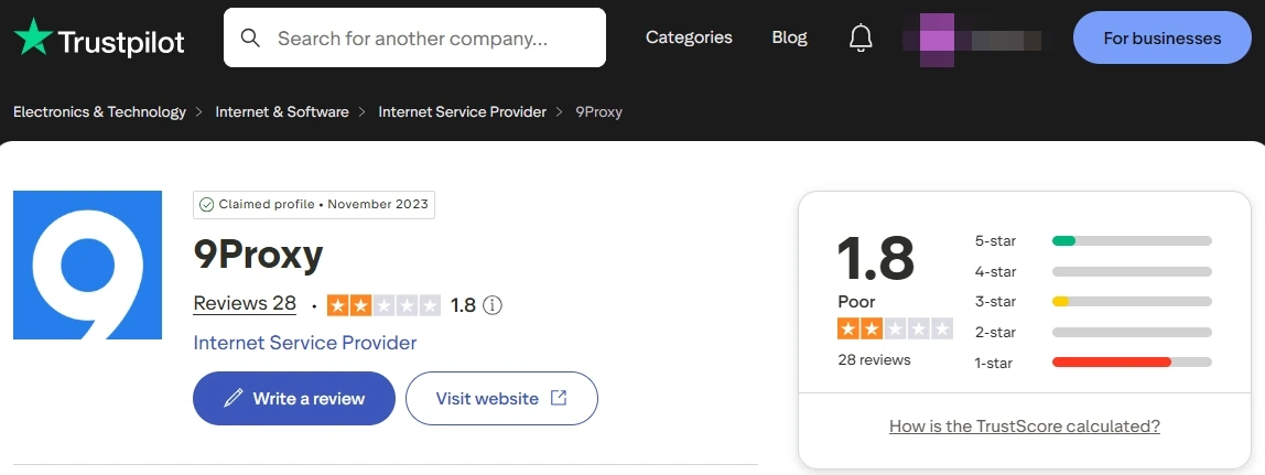 9Proxy Rating on Trustpilot